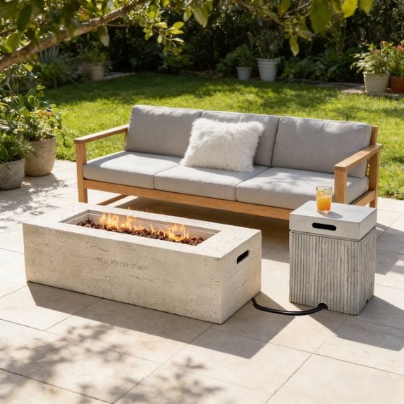 Harper & Bright Designs 42" Patio 2 Pieces MGO Propane Fire Pit, Outdoor Rectangular Gas Fire Pit with Tank Cover Table, 40000 BTU, Concrete Firepit with Lava Rocks and Rain Cover, Beige & Light Gray