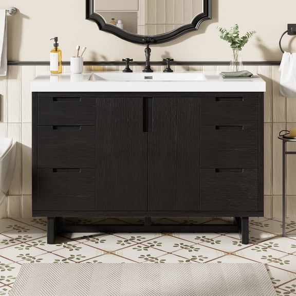 Harper & Bright Designs 47.2 inch Large Bathroom Vanity with Sink Combo, Free Standing Single Basin Vanity Set with 6 Drawers and Hidden Soft-Close Slides, Bathroom Sink Storage Cabinet, Black
