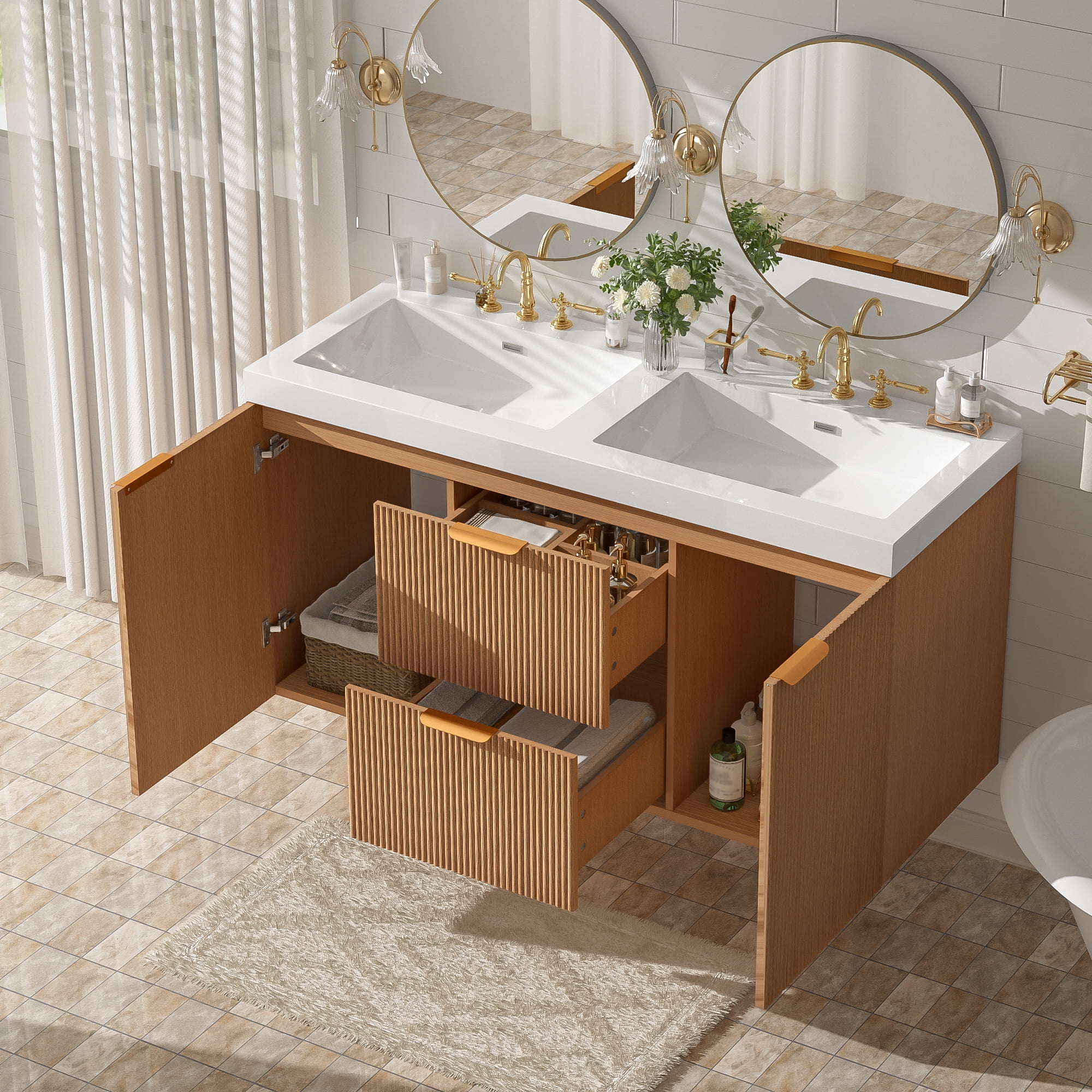 Harper & Bright Designs 47.24'' Fluted Bathroom Vanity with Double Ceramic Sink, Wall-Mounted Bathroom Sink Storage Cabinet with Doors & Drawers, Freestanding Bathroom Vanity Cabinet with Sink, Wood