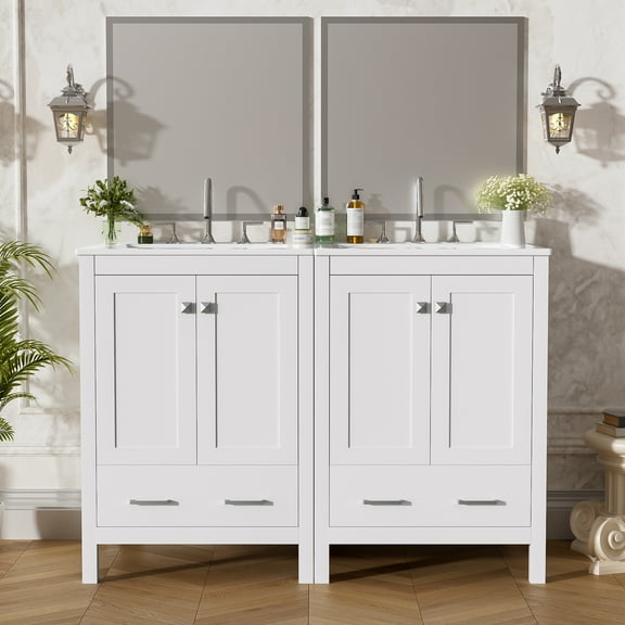 Harper & Bright Designs 48" Bathroom Vanity with Sink, Modern Bathroom Cabinet Freestanding with Divided Drawers, Wood Bathroom Storage Cabinet with Door Shelf, White