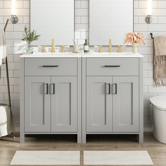 Harper & Bright Designs 48" Modern Bathroom Vanity Sink Combo , Bathroom Cabinet Freestanding with Drawer, Wood Bathroom storage Cabinet with Double-Layer Door Shelves, Gray