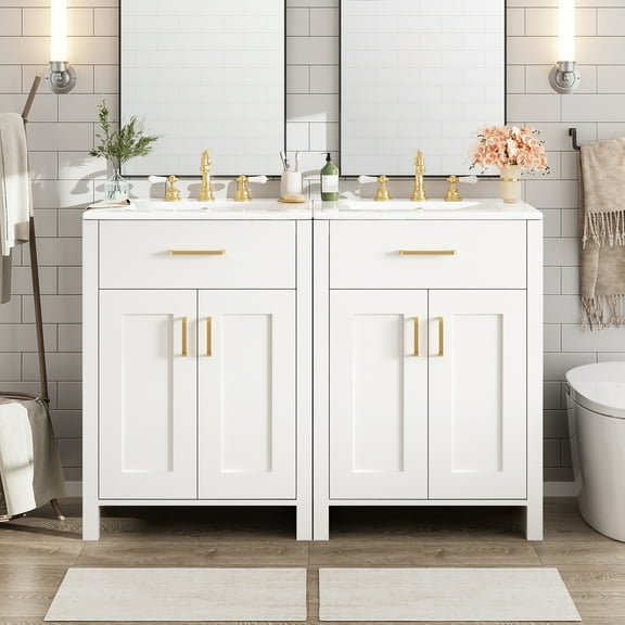 Harper & Bright Designs 48" Modern Bathroom Vanity Sink Combo , Bathroom Cabinet Freestanding with Drawer, Wood Bathroom storage Cabinet with Double-Layer Door Shelves, White