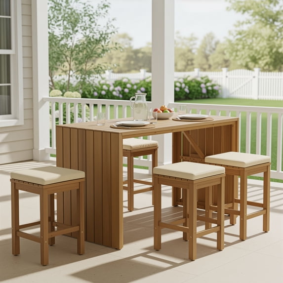 Harper & Bright Designs 5 Piece Outdoor Bar Set for 4, Patio Acacia Wood Bar Height Table & Four Stools with Cushions, Wood Dining Bar Set for Backyard, Poolside, Balcony, Acacia Wood,Beige