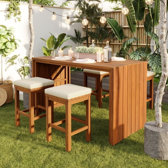 Harper & Bright Designs 5 Piece Outdoor Bar Set for 4, Patio Acacia Wood Bar Height Table & Four Stools with Cushions, Wood Dining Bar Set for Backyard, Poolside, Balcony, Beige,Natural