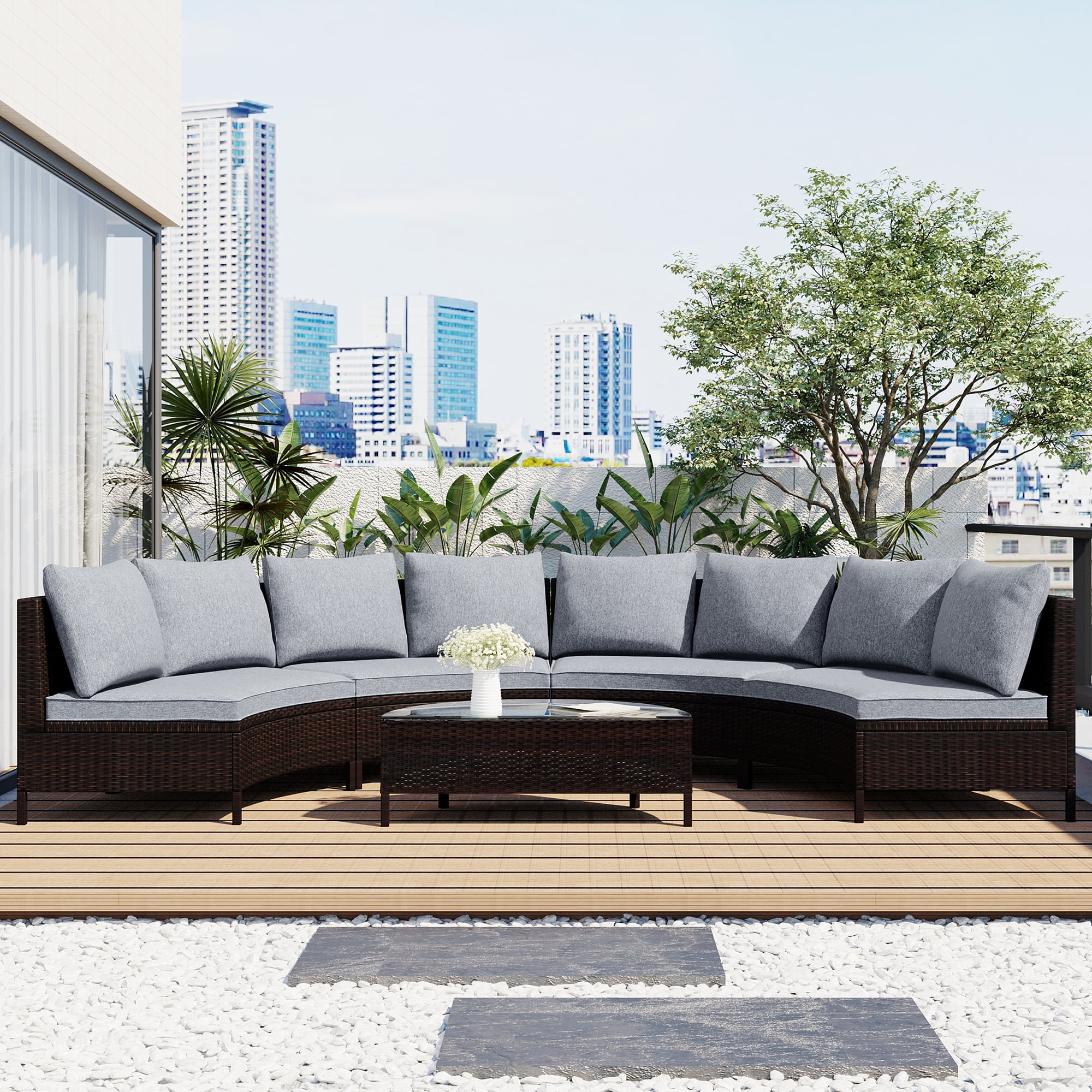 Harper & Bright Designs 5 Pieces Half Moon Outdoor Sectional Sofa Set, Patio All-Weather PE Wicker Furniture with Pillows, Cushions and Half-Moon Tempered Glass Table, Grey