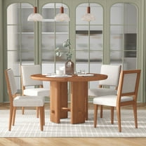 Harper & Bright Designs 5 Pieces Round Dining Table Set for 4, Minimalist Farmhouse Dining Table with 4 Solid Wood Upholstered Chairs, Kitchen & Dining Room Sets, Beige Brown