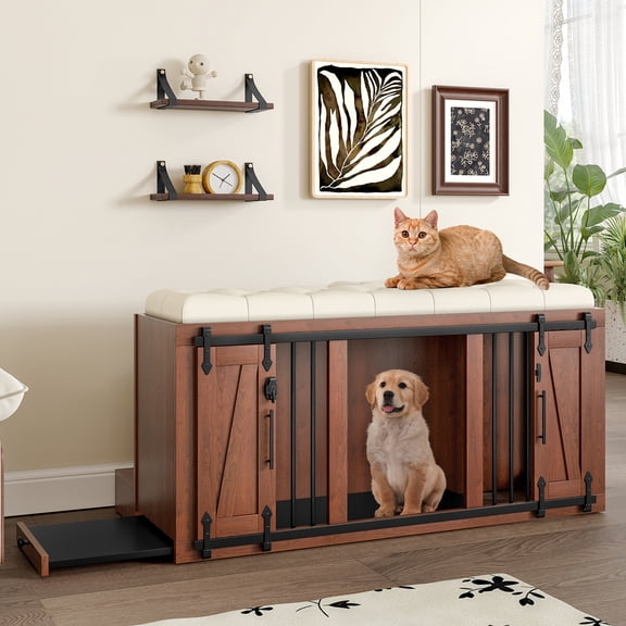 Harper & Bright Designs 56" Indoor Dog Crate with Padded Seat, End Table with Dog House, Wooden Dog Kennels with Sliding Barn Door, Walnut