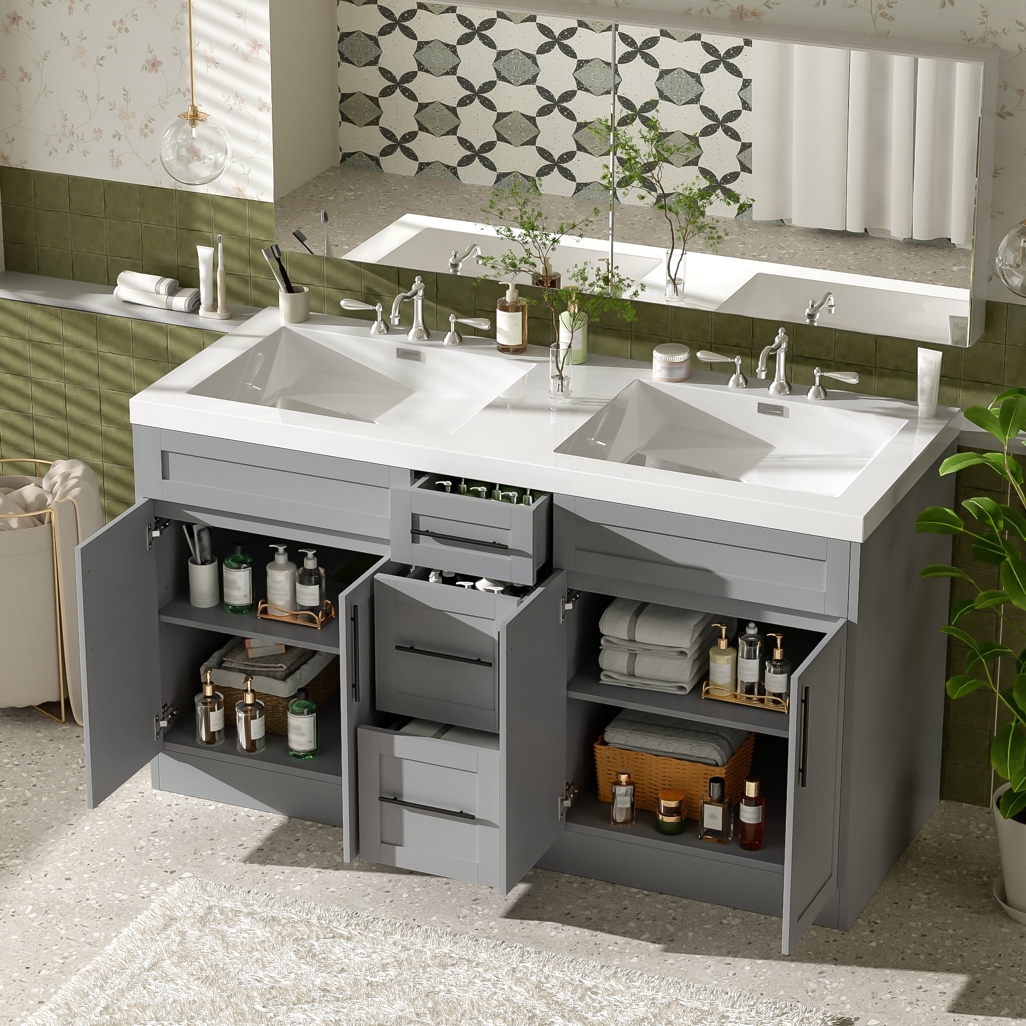 Harper & Bright Designs 59.3'' Large Bathroom Vanity with Double Sink, Free Standing Single Basin Vanity Set with Drawers and Door, Bathroom Sink Storage Cabinet, Gray