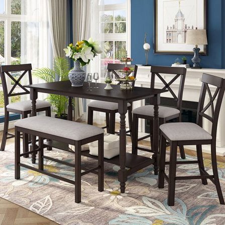 Harper & Bright Designs 6 Piece Counter Height Dining Table Set with Bench, Wooden, Kitchen Table for 6, Espresso