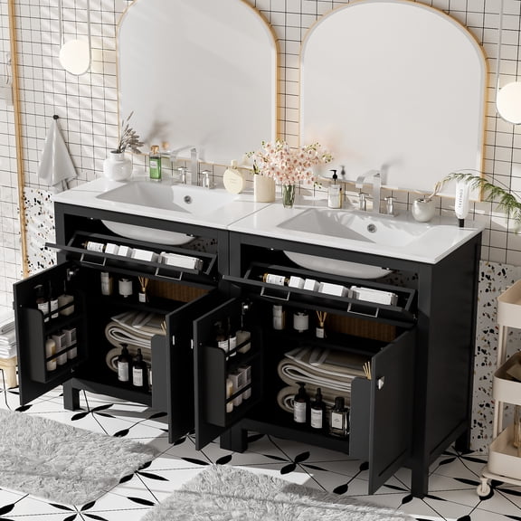 Harper & Bright Designs 60" Black Bathroom Vanity Set with Double Sinks, Bathroom Vanity Sink Combo with Soft Close Doors and Drawer
