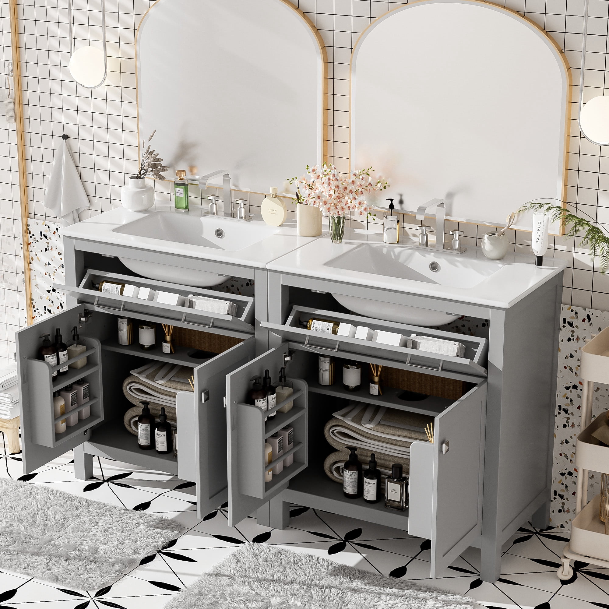 Harper & Bright Designs 60" Gray Bathroom Vanity Set with Double Sinks