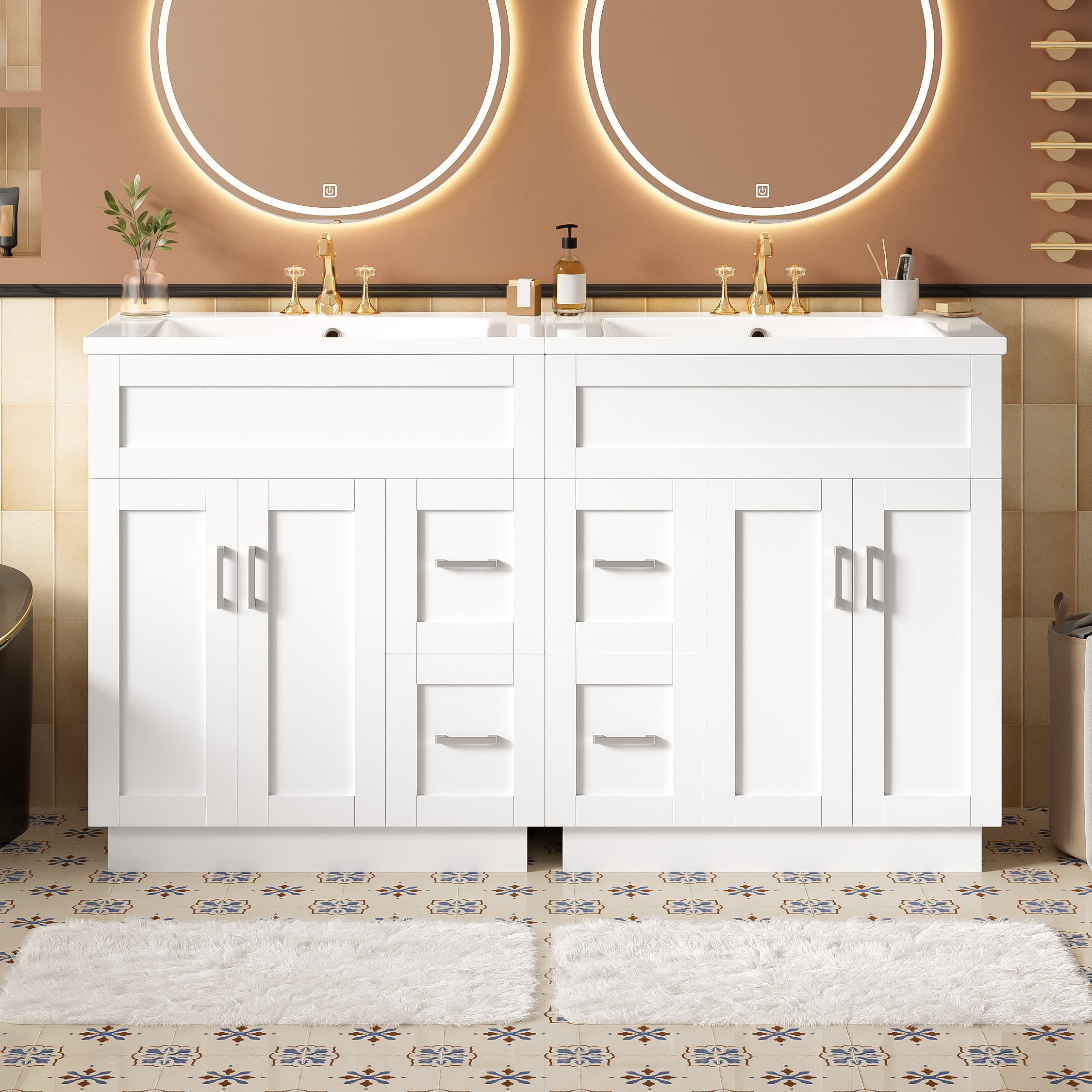 Harper & Bright Designs 60 inch Double Sink Bathroom Vanity, Free Standing Basin Vanity Set with 4 Cabinet Doors, 4 Drawers, 2 Adjustable Shelves, Hidden Soft-Close Drawers & Soft-Close Hinges, White