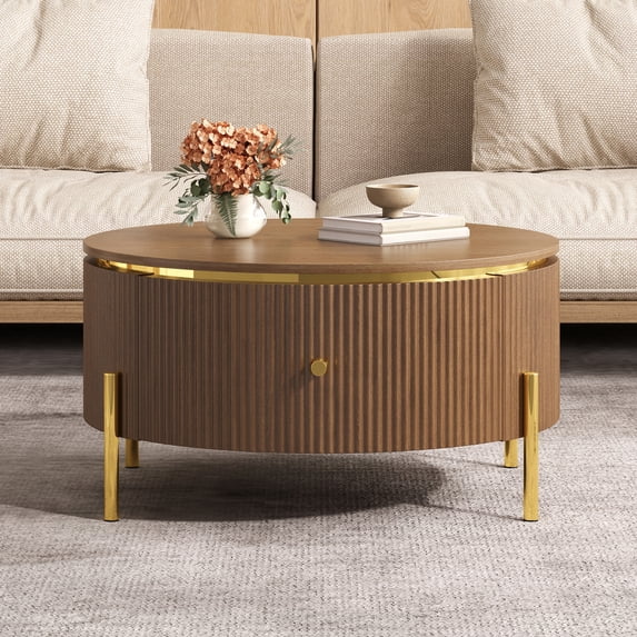 Harper & Bright Designs Modern Round Coffee Table with 2 large Storage Drawers, Wood Fluted Center Table with Metal Legs, Brown 31.5"