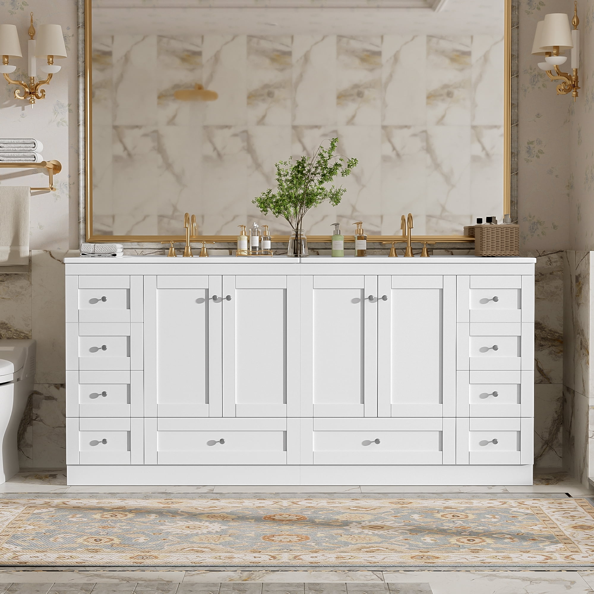 Harper & Bright Designs 72" Bathroom Vanity Set with Double Sink, Vanity Cabinet with 4 Doors and 8 Drawers, Wood Bathroom Cabinet with Ceramic Basin for Bathroom, White