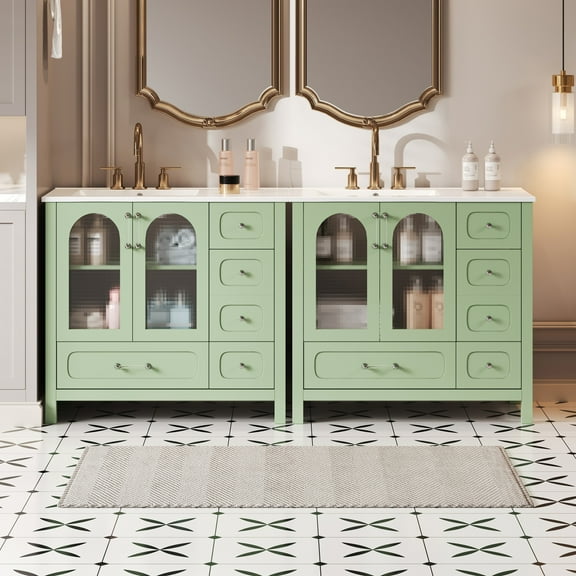 Harper & Bright Designs 72" Large Bathroom Vanity Sink Combo, Bathroom Cabinet Freestanding with Drawers, Wood Bathroom Storage Cabinet with Glass Doors, Green