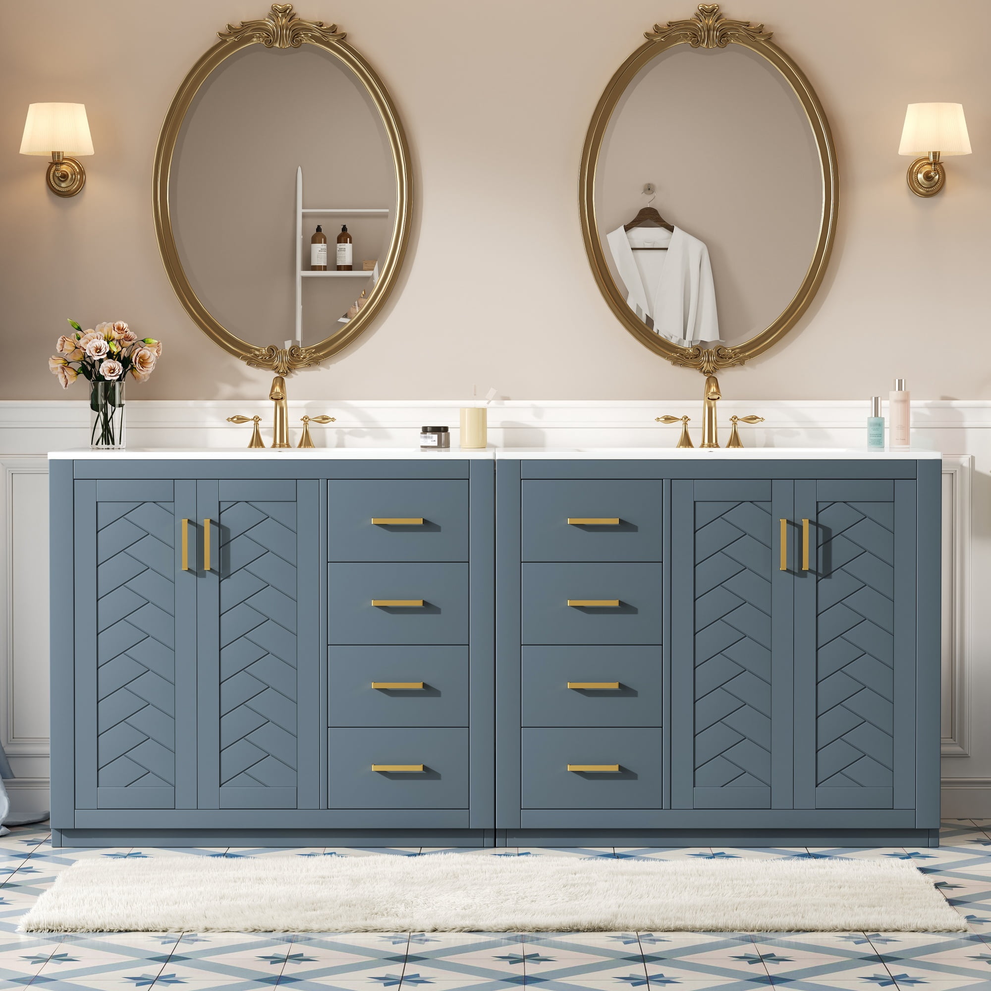 Harper & Bright Designs 72'' Large Bathroom Vanity Sink Combo, Freestanding Storage Cabinet with Drawers, Bathroom Floor Cabinet with Soft Closing Doors, Blue