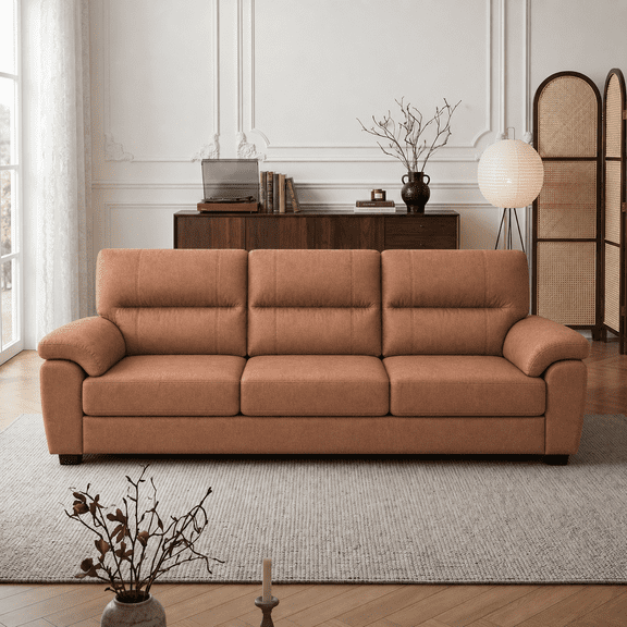 Harper & Bright Designs 84" 3-Seater Sofa, Comfy Wide Armrest Deep Seat Couch, Modern Retro Upholstered Couches with Wood Frame, Tech Fabric Sofas for Living Room, Bedroom, Office, Light Brown