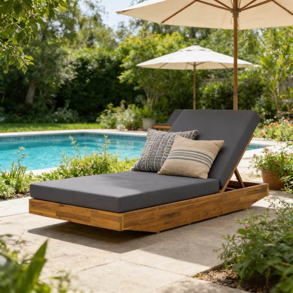 Harper & Bright Designs Acacia Wood Outdoor Chaise Lounge, Patio Lounge Chairs with 2-Fold Cushion and Headrest, Adjustable Sun Lounge for Poolside Garden, Dark Gray+Teak)
