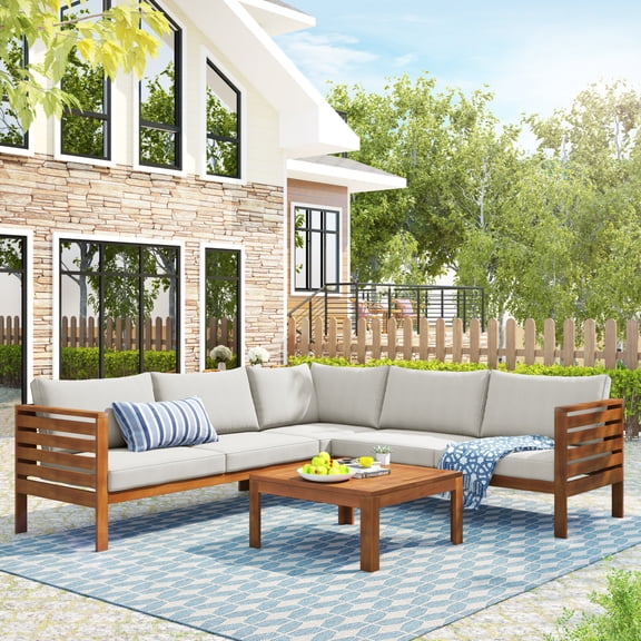 Harper & Bright Designs Acacia Wood Outdoor Sectional Furniture with Coffee Table, Patio Modular Sectional Sofa Set, Garden L-Shaped Conversation Set with Cushions, Beige