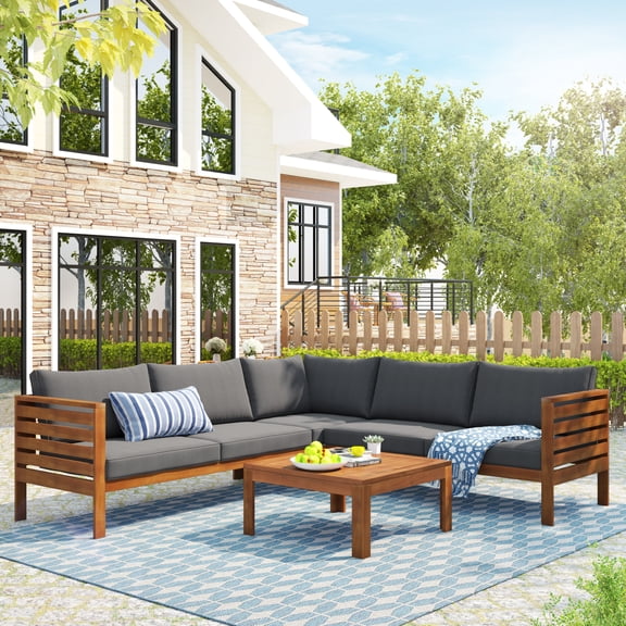 Harper & Bright Designs Acacia Wood Outdoor Sectional Furniture with Coffee Table, Patio Modular Sectional Sofa Set, Garden L-Shaped Conversation Set with Cushions, Gray