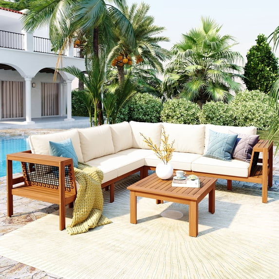 Harper & Bright Designs Acacia Wood Outdoor Sectional Furniture, Patio Modular Sectional Sofa Set with Ottoman, Garden L-Shaped Conversation Set with Coffee Table, Beige,Teak