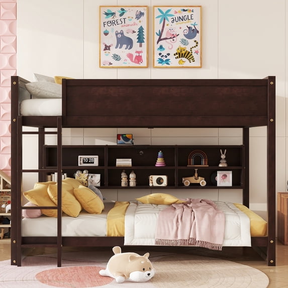 Harper & Bright Designs Bunk Bed Queen over Queen with Storage Cabinets, Queen Wood Bunk Bed Frame with Charging Station, Guardrails and Ladder, Brown