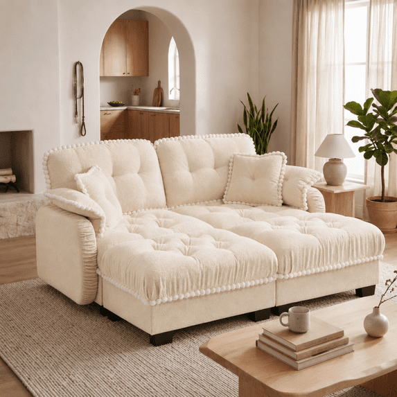 Harper & Bright Designs Chenille Loveseat Sofa with 2 Ottomans, Cloud Couch Chaise Lounge, 2 Seater Tufted Sectional Sofa with Deep Seat and 4 Pillows for Living Room, Beige