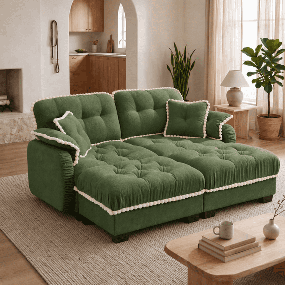 Harper & Bright Designs Chenille Loveseat Sofa with 2 Ottomans, Cloud Couch Chaise Lounge, 2 Seater Tufted Sectional Sofa with Deep Seat and 4 Pillows for Living Room, Green