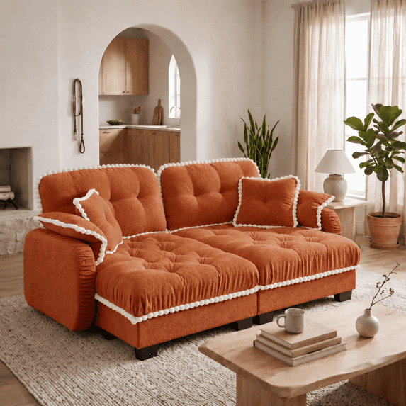 Harper & Bright Designs Chenille Loveseat Sofa with 2 Ottomans, Cloud Couch Chaise Lounge, 2 Seater Tufted Sectional Sofa with Deep Seat and 4 Pillows for Living Room, Orange
