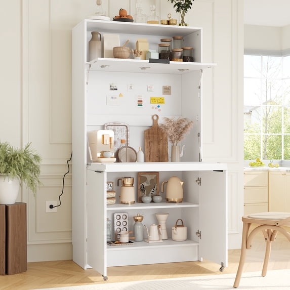 Harper & Bright Designs Compact Kitchen Pantry, Kitchen Pantry Storage Cabinet with Power Outlet, Tall Farmhouse Kitchen Hutch with Adjustable Shelf for Dining Living Room, White