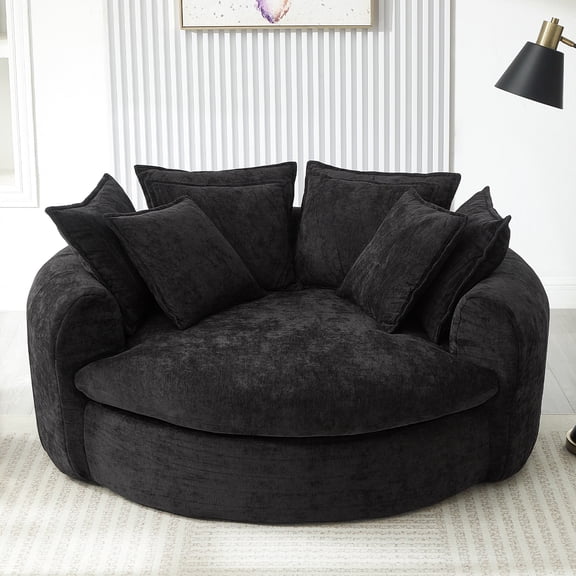 Harper & Bright Designs Compressed Round Chaise Sofa, Foam Chenille Single Sofa Chair, Boneless Round Sofa with 8 Throw Pillows for Living Room, Black