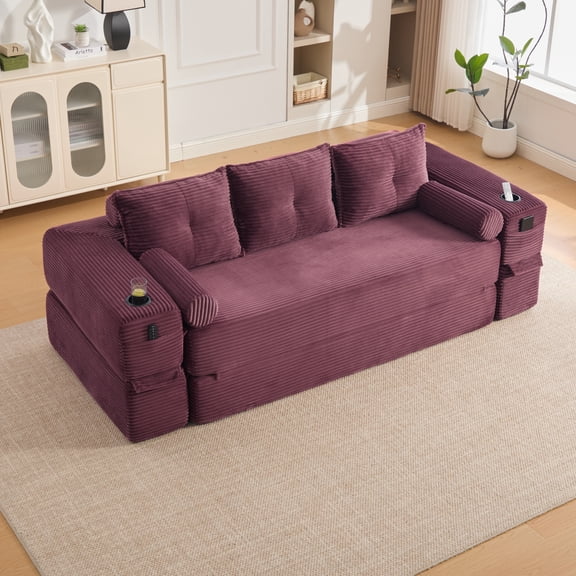 Harper & Bright Designs Convertible Futon Sofa Bed, Compressed Boneless Sleeper Sofa, Soft Corduroy Floor Sponge Modular Couch, 3-Seater Foldable Cloud Couches, Living Room, Dorm, Apartment, WINE RED