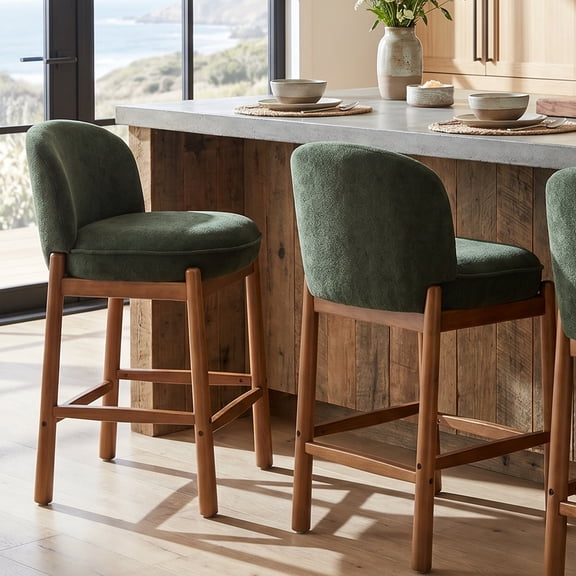 Harper & Bright Designs Counter Height Bar Stools Set of 2, 26.5" Upholstered Barstools with Curved Back, Rubberwood Frame, Modern Counter Chairs with Footrest for Kitchen Island, Green,Walnut