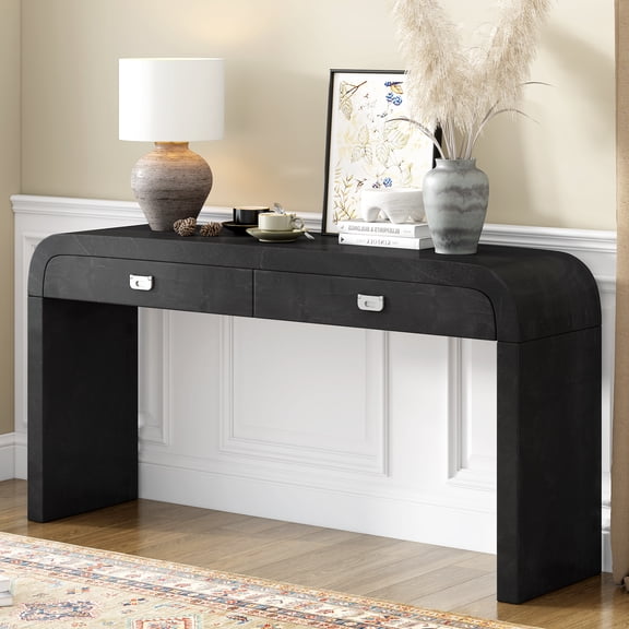 Harper & Bright Designs Curved Console Table with Storage, Wood Entryway Table with Drawers and Metal Handles, Black