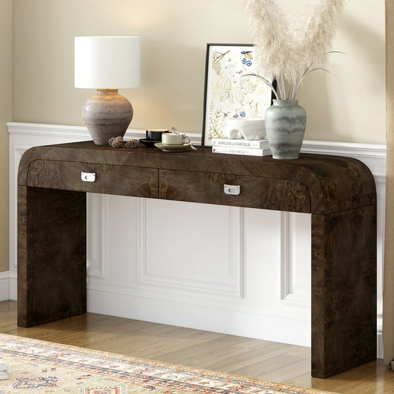 Harper & Bright Designs Curved Console Table with Storage, Wood Entryway Table with Drawers and Metal Handles, Dark Brown