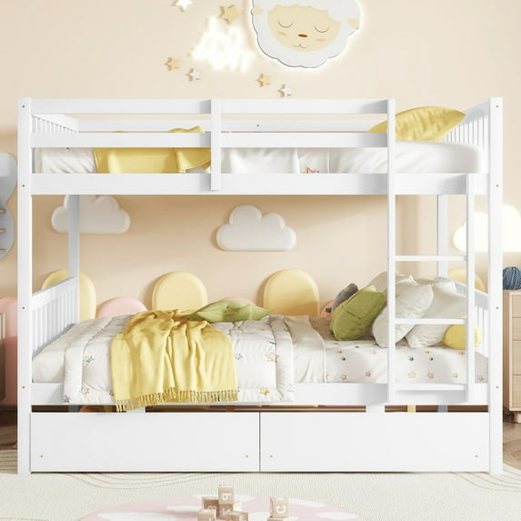 Harper & Bright Designs Detachable Bunk Bed Full Over Full with Drawers, Wood Bunk Bed Frame with Guardrail and Ladder, Separate into 2 Twin Beds, White
