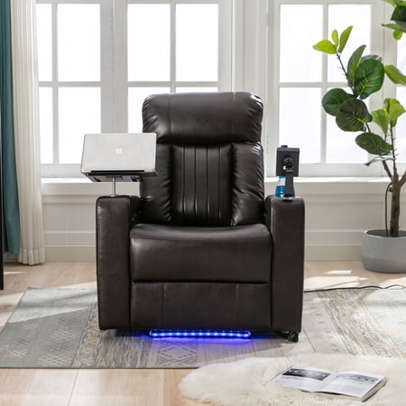 Harper & Bright Designs Electric Power Recliner Chair with Cup Holders, USB and Storage, PU Leather Home Theater Seating Elderly Chair with Swivel Tray Table for Living Room, Brown