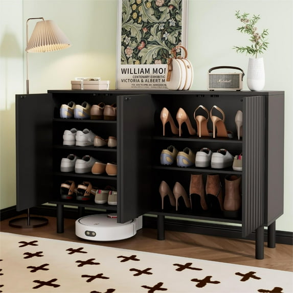 Harper & Bright Designs Entryway Shoe Cabinet with Door, Sideboard Buffet Cabinet with Fluted Doors, 4 Door Storage Cabinet with Adjustable Shelves for Living Room, Black