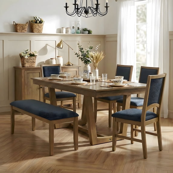 Harper & Bright Designs Expandable Dining Table Set for 6, Wooden Rectangular Kitchen Table with Removable Leaf, 4 Upholstered Dining Chairs and Long Bench, Light Brown