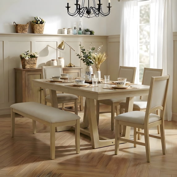 Harper & Bright Designs Expandable Dining Table Set for 6, Wooden Rectangular Kitchen Table with Removable Leaf, 4 Upholstered Dining Chairs and Long Bench, Natural