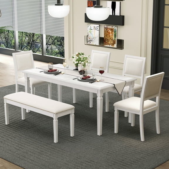 Harper & Bright Designs Extendable Dining Table Set for 6 with 4 Chairs & Bench, Rectangle Rustic Farmhouse Kitchen Table Set with Distressed Finish and Carved Legs, Beige, White Washed
