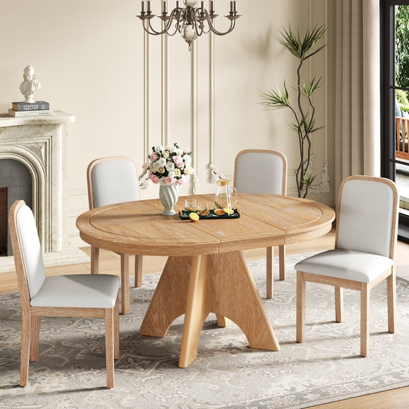 Harper & Bright Designs Extendable Dining Table Set for 6 with 4 Upholstered Chairs, Rustic Farmhouse Kitchen Table Set with Distressed Finish and Sturdy Crossed Legs, Natural Wood Wash