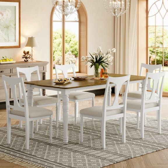 Harper & Bright Designs Extendable Dining Table Set for 6 with 6 Chairs, 7 Pieces Rectangle Rustic Farmhouse Kitchen Table Set with Removable Leaf for Kictchen, Natural+White