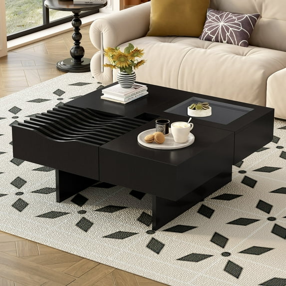 Harper & Bright Designs Extendable Square Coffee Table with Drawers, Unique Tempered Glass Center Table with Storage Space for Living Room, Black
