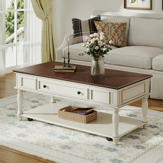 Harper & Bright Designs Farmhouse Coffee Table with Drawer, Vintage Rectangle Center Table with Lockable Wheels for Living Room, White+Walnut