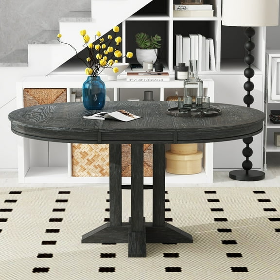 Harper & Bright Designs Farmhouse Dining Table, Round Extendable Kitchen Table, Wood Black Table for Dining Room and Living Room