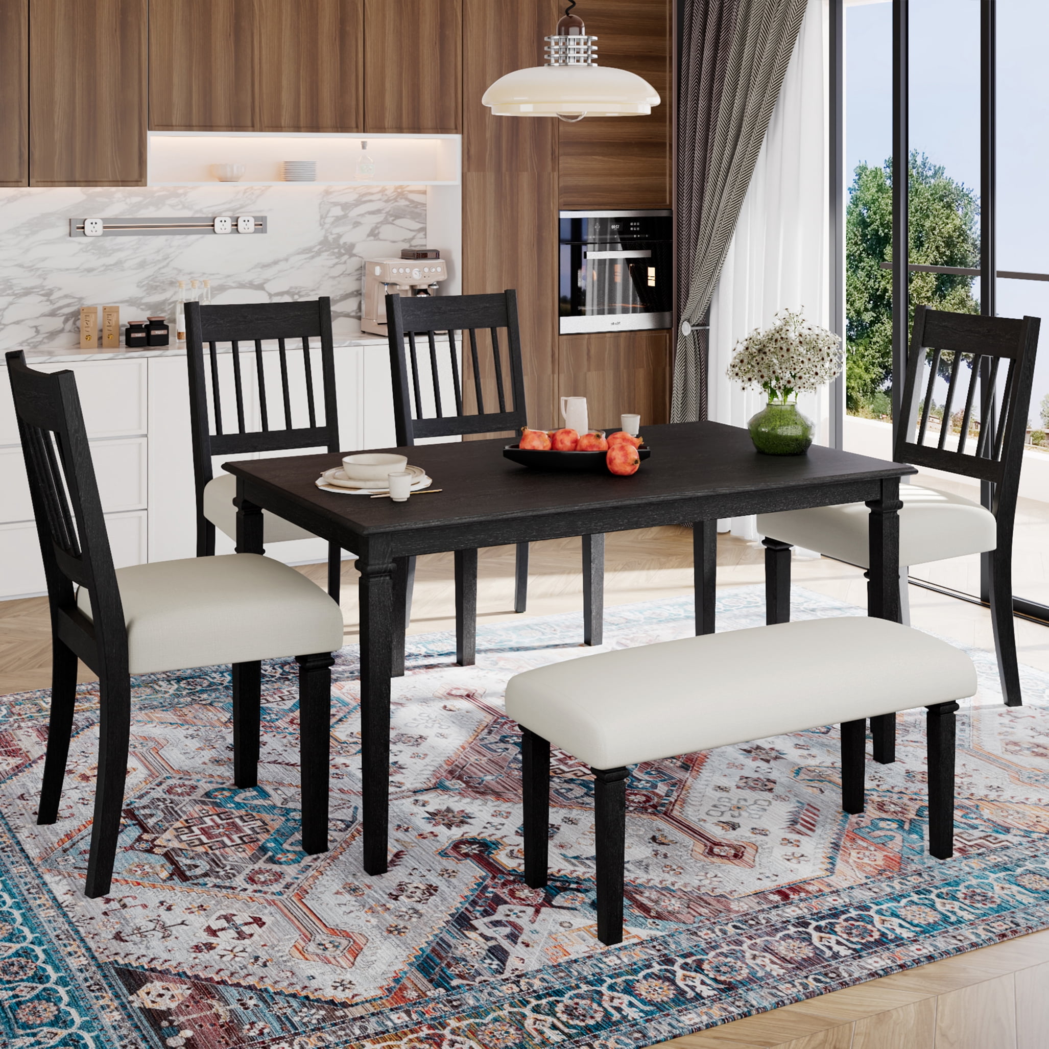 Harper & Bright Designs Farmhouse Dining Table Set for 6 with Bench, 6 ...