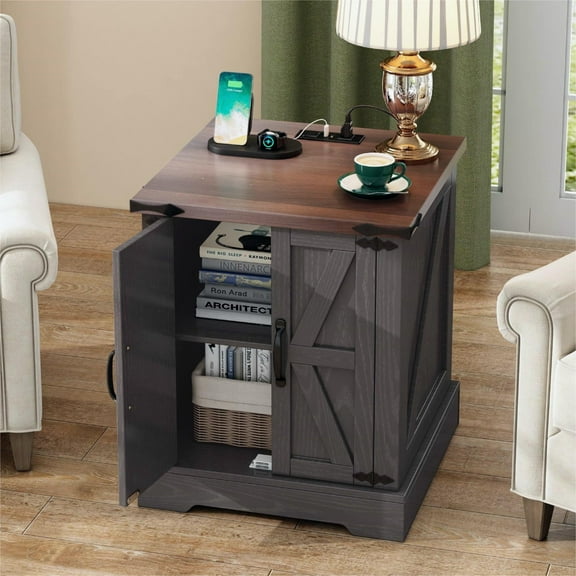 Harper & Bright Designs Farmhouse End Table with Charging Station, Wood Sofa Side with Adjustable Shelf, Vintage Coffee Table with Doors, Grey