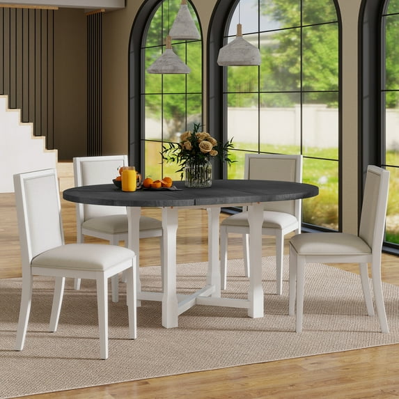 Harper & Bright Designs Farmhouse Extendable Dining Table Set for 4, Round Dining Table for 4 with Upholstered Chairs, Kitchen Table Set with Removable Leaf for Dining Room, Grey+White