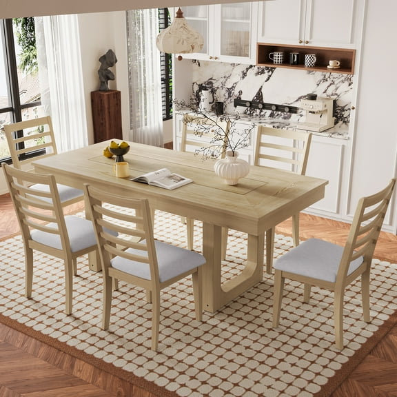 Harper & Bright Designs Farmhouse Extendable Dining Table Set for 6, 7 Pieces Rectangle Dining Table with 6 Upholstered Chairs, Wood Expanding Kitchen Table Set for Dining Room, Natural